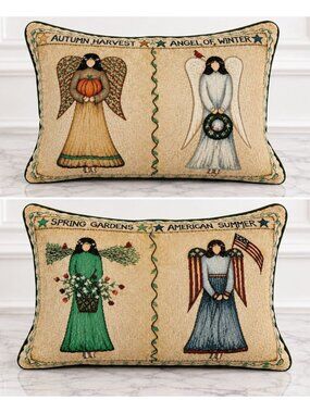 Vintage Four Seasons Angel Tapestry Pillow Reversible Folk Art Country Decor